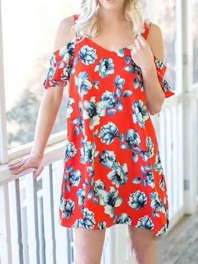 Popular Floral-Print Stripes Off-Shoulder Short Sleeve V Neck Mini Dress