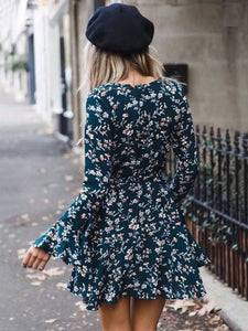 Bohemia Floral V Neck Long Sleeve Mini Dress