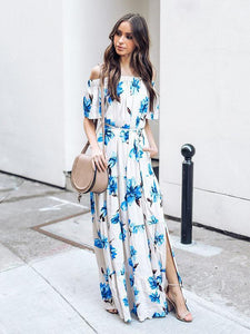 2018 New Floral Print Off Shoulder Short Sleeve Side Split Maxi Long Dress