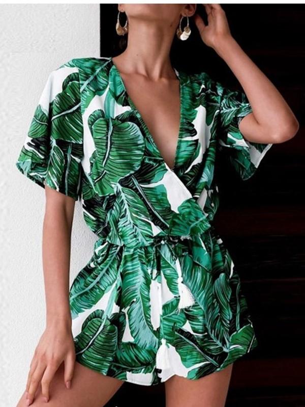 Green Leaves Tropical Floral Sleeves Fringes Bohemia Jumpsuit – boholooks
