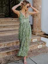 Load image into Gallery viewer, Floral Green Spaghetti-Strap V-Neck Leaves Maxi Dress