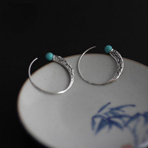 Blue Tibetan Silver National Handmade Retro Style Earrings Carved Turquoise Chinese Style Earrings