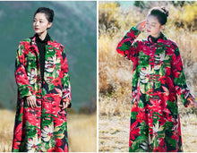 Load image into Gallery viewer, National Style Floral Retro Slim Long Cotton Velvet Robes Coat