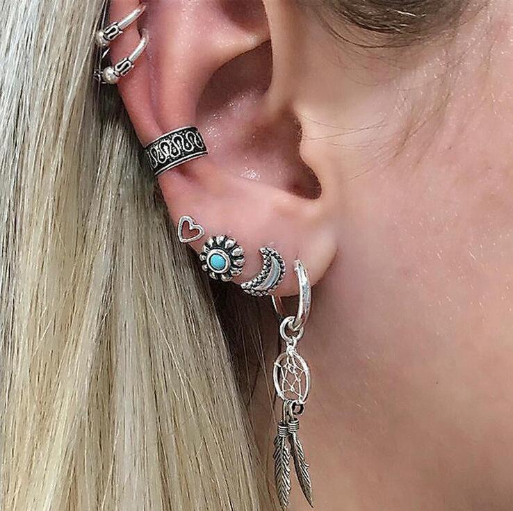 Vintage C-shaped Ear Clips Moon Love 7-piece Earrings Set