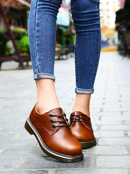 British Style Lace Up Casual Solid Color Flat Shoes