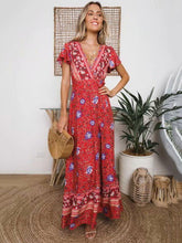 Load image into Gallery viewer, Boho Lace-up V-neck Printed Maxi Dresses