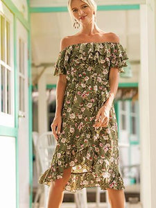 2018 Floral Print Off Shoulder Backless Beach Dress