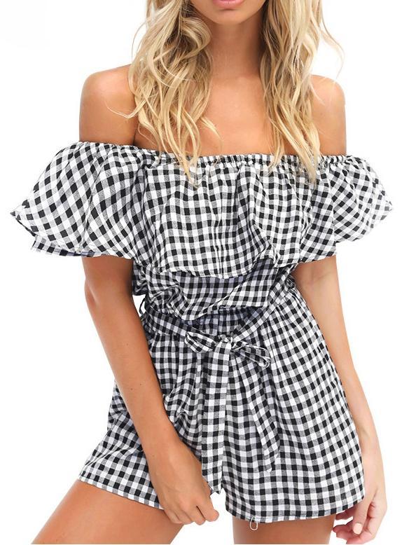 Plaid Off Shoulder Ruffle Backless Belted Rompers