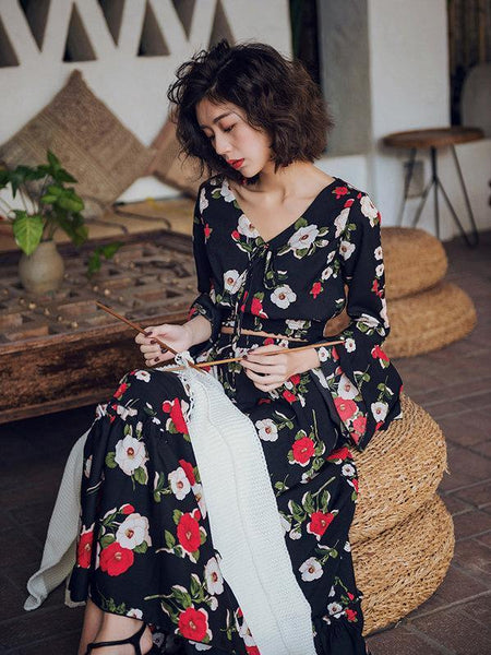 Floral Print Flare Sleeve Crop Top High Waist Maxi Skirt Two Pieces Set