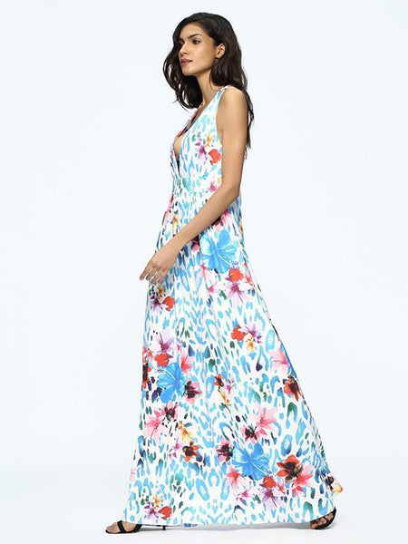 Floral Print Sleeveless Deep V Neck Bohemia Maxi Dress