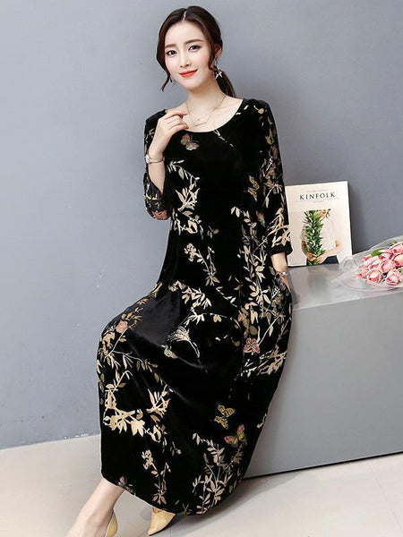 Velvet Print Round Neck Loose Maxi Dress