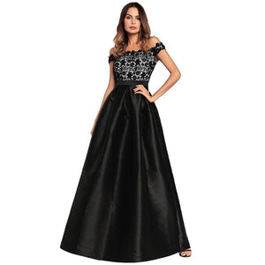 Off Shoulder Lace Splice Evening Gown Maxi Dress