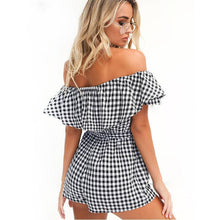 Load image into Gallery viewer, Plaid Off Shoulder Ruffle Backless Belted Rompers