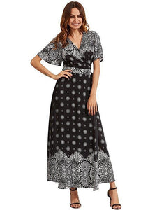 Bohemia Floral Side Split with Tie Short Sleeve Maxi Dress