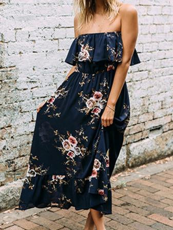 Fashion A-Line Strapless Ruffle Floral Printed Maxi Dress