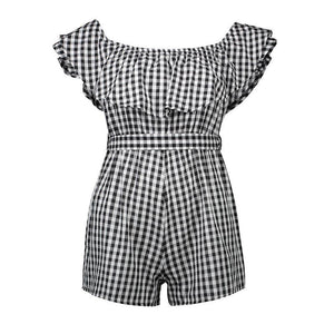 Plaid Off Shoulder Ruffle Backless Belted Rompers