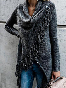Knit Long Sleeve Tassel Irregular Sweater