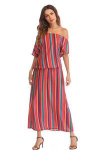 Large Size Off Shoulder Loose Rainbow Stripe Bohemian Dress