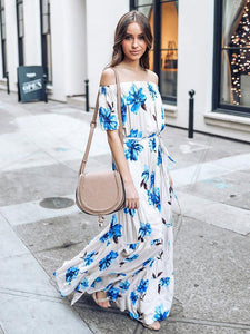 2018 New Floral Print Off Shoulder Short Sleeve Side Split Maxi Long Dress