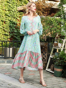 Bohemia Floral V Neck Long Sleeve Maxi Dress