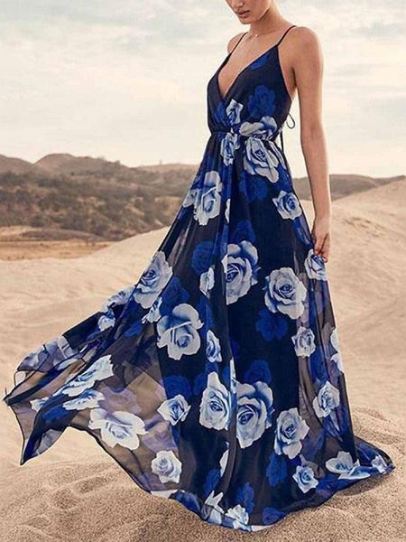 Fashion V Neck High Waist Spaghetti Strap Beach Maxi Dress