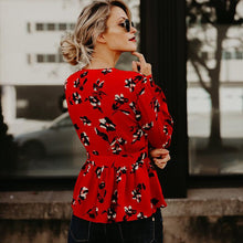 Load image into Gallery viewer, Floral Red Long Sleeve V-Neck Autumn Shirt Tops