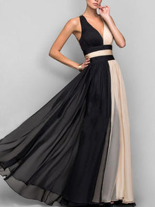 Two-color Sleeveless V-Neck Maxi Evening Dress