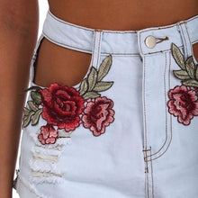 Load image into Gallery viewer, Floral Embroidery Ripped Denim Jeans Cut shorts