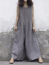 Load image into Gallery viewer, Free Size Linen Cotton Sleeveless Pockets Wide Leg Pants Jumpsuit