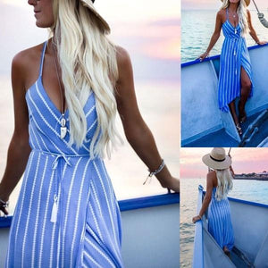Sexy V-Neck Stripes Maxi Dress Beach Dress