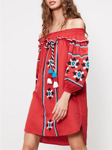 Pretty Embroidery Off-the shoulder Tassels Mini Dress