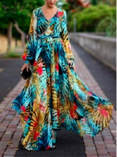 Load image into Gallery viewer, Chiffon Long Sleeves Dress Robe V Neck Floral Bohemian Boho Dress Long Dress Big Hem Maxi Dress