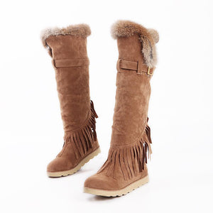 Flat high boots round fringed frosted casual snow boots large size women s boots