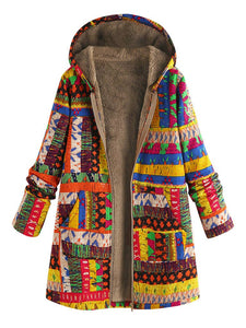Women Parkas Winter Warm Outwear Floral Printing Hooded Pockets Oversize Hasp Inlaid Cotton Coats