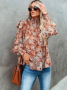New Pleated High-necked Small  Floral Print Blouses