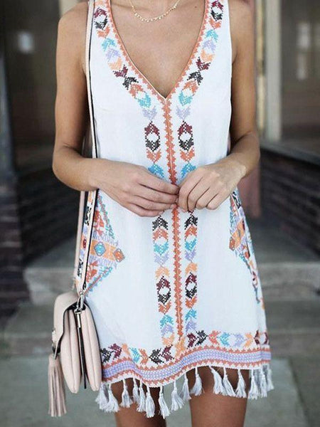 Loose A-word Skirt Tassel Folk Print Dress