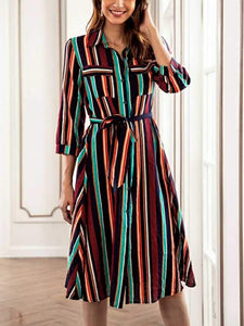 Spring Casual Stripes Lapel Shirt Midi Dress