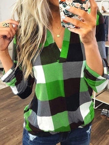 Women Plaid Blouse Plus Size Shirt Long Sleeve Tunic Tops