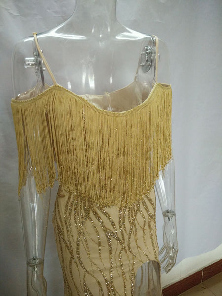 2018 New nightclub deep sling V-neck sequins sexy backless dress dress tassel hot drilling dress