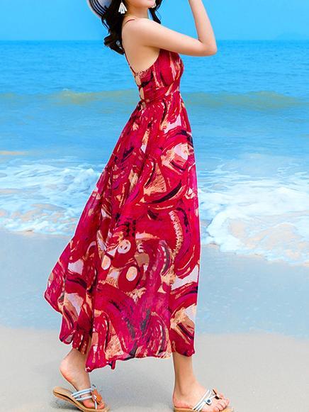 Sexy Printed Spaghetti Strap Back Cross Chiffon Beach Maxi Long Dress