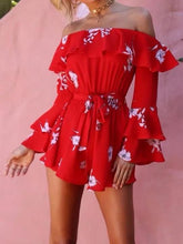 Load image into Gallery viewer, Off Shoulder Long Bell Sleeve Belted Short Jumpsuit Rompers