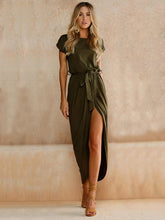 Load image into Gallery viewer, Solid Color Split-front Round-neck Maxi Dress