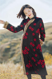Chinese National Style Vintage Floral Long Woolen Outwear Coat