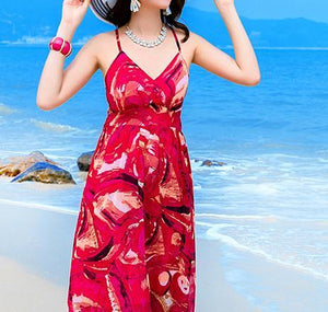 Sexy Printed Spaghetti Strap Back Cross Chiffon Beach Maxi Long Dress