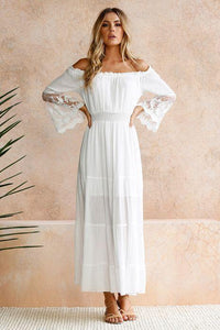 White Off Shoulder Long Sleeve Beach Maxi Dress