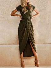 Load image into Gallery viewer, Solid Color Split-front Round-neck Maxi Dress