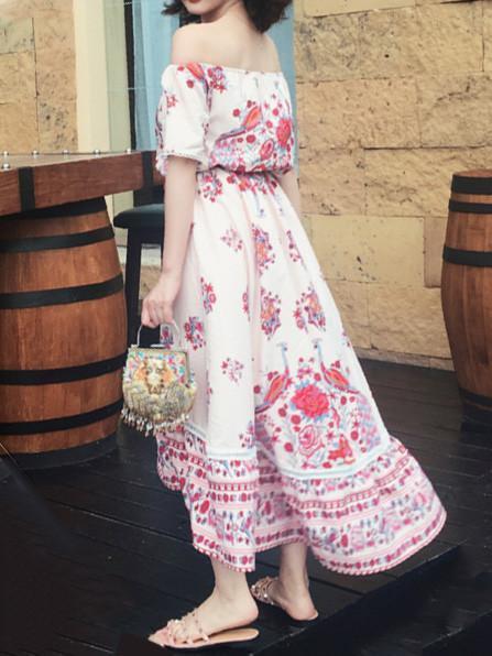 Pretty Bohemia Floral Off Shoulder Short Sleeve Beach Dress Maxi Dress