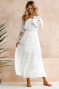 White Off Shoulder Long Sleeve Beach Maxi Dress