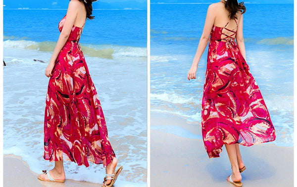 Sexy Printed Spaghetti Strap Back Cross Chiffon Beach Maxi Long Dress