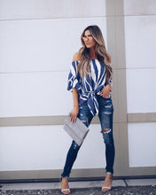 Load image into Gallery viewer, Stripe Off Shoulder Trumpet Sleeve Tops Shirt Blouses